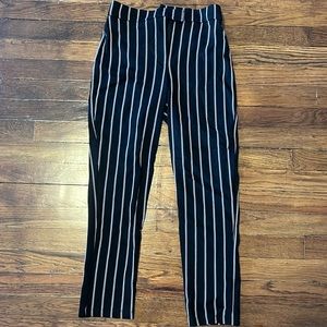 Striped business casual pants, stretchy materials, fits to ankle.